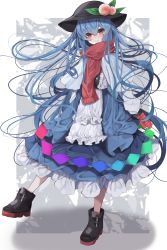 Rule 34 | 1girl, absurdres, black footwear, black hat, blue hair, blue skirt, blush, border, buttons, closed mouth, food, fruit, full body, hair between eyes, hat, highres, hinanawi tenshi, long hair, long sleeves, mittens, peach, rainbow order, red eyes, red scarf, scarf, shirt, skirt, smile, solo, touhou, tsune (tune), white border, white shirt