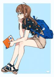 Rule 34 | 1girl, backpack, bag, book, brown hair, commentary request, full body, glasses, highres, holding, holding book, invisible chair, jewelry, keishin, original, ring, sandals, shirt, short sleeves, shorts, sitting, thumb ring