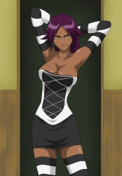 Rule 34 | 1girl, armpits, arms behind back, arms behind head, arms up, artist request, bare shoulders, bleach, breasts, cleavage, clothes, dark skin, dark-skinned female, detached sleeves, dress, elbow gloves, female focus, gloves, highres, large breasts, naughty face, purple hair, seductive smile, shihouin yoruichi, smile, solo, striped, thighhighs, yellow eyes, zettai ryouiki
