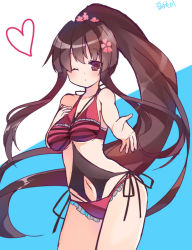 Rule 34 | 10s, 1girl, blowing kiss, breasts, brown eyes, brown hair, casual one-piece swimsuit, kantai collection, kantai collection (anime), kiss, long hair, medium breasts, one-piece swimsuit, one eye closed, ponytail, solo, swimsuit, toushiro moka, very long hair, yamato (kancolle)
