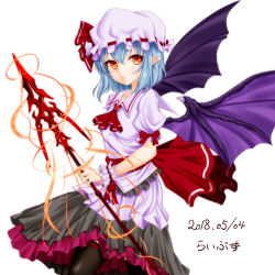 Rule 34 | 1girl, adapted costume, arm ribbon, artist name, ascot, bat wings, black thighhighs, blue hair, breasts, brooch, commentary request, cowboy shot, dated, expressionless, hair between eyes, hat, hat ribbon, highres, holding, holding polearm, holding spear, holding weapon, jewelry, lavender shirt, layered skirt, libus, light trail, looking at viewer, mob cap, orange eyes, pointy ears, polearm, puffy short sleeves, puffy sleeves, red ascot, remilia scarlet, ribbon, sash, short hair, short sleeves, simple background, skirt, small breasts, solo, spear, spear the gungnir, standing, thighhighs, touhou, weapon, white background, wings, wrist cuffs