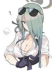 Rule 34 | 1girl, ?, black gloves, black necktie, blue archive, breasts, chest sarashi, cleavage, closed mouth, cropped torso, eyewear on head, gloves, green hair, hair ornament, hair over one eye, hairpin, halo, highres, long hair, looking at viewer, medium breasts, mina (blue archive), necktie, red eyes, sarashi, single hair ring, sleeves pushed up, solo, sunglasses, sweat, undressing, uni gyoza, upper body, white background