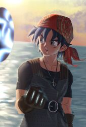 Rule 34 | 1boy, armor, bandana, belt, belt buckle, black belt, black shirt, blue hair, blurry, blurry background, buckle, chainmail, chrono cross, gloves, grey eyes, highres, jewelry, looking back, male focus, necklace, ocean, outdoors, parted lips, portal (object), print bandana, red bandana, serge (chrono cross), shirt, short hair, short sleeves, solo, sunset, toned, toned male, toriyama akira (style), upper body, yuto sakurai