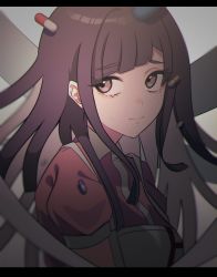 Rule 34 | 1girl, apron, bandages, blunt bangs, blush, breasts, closed mouth, collared shirt, danganronpa (series), danganronpa 2: goodbye despair, from side, grey background, highres, letterboxed, long hair, looking at viewer, mole, mole under eye, nurse, nyu (bbpp08), open mouth, pill, pink eyes, pink shirt, puffy short sleeves, puffy sleeves, purple hair, shirt, short sleeves, solo, tsumiki mikan, uniform, upper body, white apron