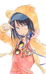 Rule 34 | 1girl, bang dream!, black hair, blue eyes, commentary, eyewear in mouth, floral print, hair ornament, hairclip, hat, headphones, highres, hood, hoodie, looking at viewer, mouth hold, okusawa misaki, short hair, simple background, sohu, solo, sunglasses, white background