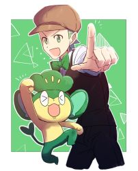 Rule 34 | 1boy, black pants, border, bow, bowtie, brown headwear, cilan (pokemon), commentary request, creatures (company), game freak, gen 5 pokemon, green background, green eyes, green hair, green neckwear, hat, looking at viewer, male focus, morio (poke orio), nintendo, no sclera, outline, outside border, outstretched arm, pansage, pants, pointing, pokemon, pokemon (creature), pokemon bw, shirt, traditional bowtie, v-shaped eyebrows, vest, white border, white shirt