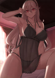 Rule 34 | 1girl, absurdres, arm up, armpits, babydoll, bare arms, bare shoulders, black babydoll, black hairband, black panties, collarbone, commentary, commission, corrin (female) (fire emblem), corrin (fire emblem), english commentary, fire emblem, fire emblem fates, grey hair, hair between eyes, hair ornament, hairband, highres, indoors, kakeku, long hair, looking at viewer, nintendo, panties, parted lips, pixiv commission, red eyes, see-through, smile, solo, thighs, underwear