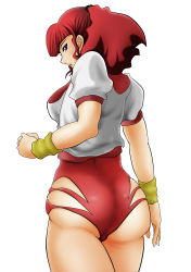 Rule 34 | ass, blue eyes, cropped jacket, from behind, jacket, jung freud, one-piece swimsuit, open mouth, planet999, ponytail, red hair, solo, swimsuit, top wo nerae!, wristband