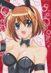 Rule 34 | 00s, 1girl, absurdres, animal ears, armband, bad id, bad pixiv id, bare shoulders, blue eyes, blush, bow, bowtie, breasts, brown hair, rabbit ears, playboy bunny, cleavage, collarbone, detached collar, fake animal ears, female focus, hair ornament, hair ribbon, hairclip, happy, heart, highres, large breasts, leotard, looking at viewer, lyrical nanoha, mahou shoujo lyrical nanoha strikers, open mouth, rascal (n119), ribbon, short hair, smile, solo, sparkle, traditional media, wrist cuffs, x hair ornament, yagami hayate