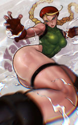 Rule 34 | 1girl, abs, artist name, ass, ayaki blade, beret, blonde hair, blue eyes, braid, breasts, cammy white, curvy, gloves, hat, highres, lips, medium breasts, muscular, muscular female, plump, solo, street fighter, street fighter v, thigh strap, thighs, twintails