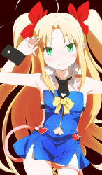 Rule 34 | 1girl, ahoge, armpits, ashibu, astarotte ygvar, bare shoulders, between legs, black background, blonde hair, boots, bow, cowboy shot, demon tail, detached collar, green eyes, hair bow, heart, highres, long hair, looking at viewer, lotte no omocha!, navel, necktie, no nose, pointy ears, salute, sidelocks, simple background, smile, solo, standing, tail, tail between legs, thigh boots, thighhighs, twintails, very long hair, wrist cuffs