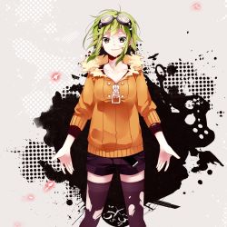 Rule 34 | 1girl, black thighhighs, female focus, goggles, goggles on head, green eyes, green hair, gumi, halftone, hatsuko, highres, jacket, matching hair/eyes, revision, short hair, short shorts, shorts, sleeves pushed up, solo, source request, standing, thighhighs, torn clothes, vocaloid