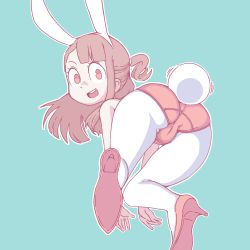 Rule 34 | 1girl, all fours, alternate hairstyle, animal ears, aqua background, ass, asymmetrical bangs, bent over, blunt bangs, brown hair, cameltoe, cleft of venus, fake animal ears, from behind, full body, high heels, kagari atsuko, leotard, little witch academia, looking at viewer, looking back, open mouth, orenji (orenjipiiru), outline, pantyhose, pastel colors, playboy bunny, rabbit ears, rabbit tail, red eyes, simple background, smile, solo, stiletto heels, tail, white outline, white pantyhose