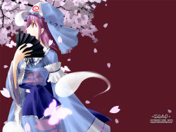 Rule 34 | 1girl, bug, butterfly, cherry blossoms, covering face, covering own mouth, covering privates, female focus, folding fan, ghost, hand fan, hat, hitsuki rei, insect, japanese clothes, kimono, petals, profile, red eyes, red theme, saigyouji yuyuko, simple background, solo, touhou, tree, wide sleeves