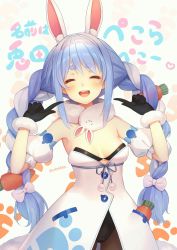 Rule 34 | 1girl, :d, ^ ^, absurdres, animal ear fluff, animal ears, bare shoulders, black gloves, black leotard, blue hair, blue ribbon, blush, bow, braid, breasts, brown pantyhose, carrot, carrot hair ornament, cleavage, closed eyes, cowboy shot, detached sleeves, dress, facing viewer, food-themed hair ornament, fur-trimmed gloves, fur scarf, fur trim, gloves, hair bow, hair ornament, hands up, highres, hololive, leotard, leotard under clothes, long hair, multicolored hair, open mouth, pantyhose, paw print, paw print background, pointing, pointing at self, pom pom (clothes), puffy short sleeves, puffy sleeves, rabbit ears, rabbit girl, ribbon, round teeth, short sleeves, sidelocks, small breasts, smile, solo, strapless, strapless dress, strapless leotard, teeth, text background, thick eyebrows, tokoshibyra, translated, twin braids, two-tone hair, upper teeth only, usada pekora, usada pekora (1st costume), very long hair, virtual youtuber, white bow, white dress, white hair