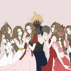 Rule 34 | 1boy, 6+girls, aerith gainsborough, aerith gainsborough (floral delight), aerith gainsborough (loveless dress), aerith gainsborough (red dress), aerith gainsborough (white floral dress), amemori 0207, arm around waist, armlet, armor, arms behind back, bandaged arm, bandages, bangle, belt, black gloves, blonde hair, blush, bracelet, bracer, braid, braided ponytail, breasts, brown belt, brown hair, choker, cleavage, closed eyes, cloud strife, commentary request, cowboy shot, crop top, crown, dress, dress flower, final fantasy, final fantasy vii, final fantasy vii ever crisis, final fantasy vii rebirth, final fantasy vii remake, flamenco dress, flower, flower choker, frilled dress, frilled sleeves, frills, gloves, gold trim, green eyes, green scarf, hair flower, hair ornament, hand on another&#039;s arm, hand over face, highres, jewelry, laughing, long hair, medium breasts, midriff, multiple belts, multiple girls, official alternate costume, parted bangs, parted lips, pink background, pink dress, pink flower, pink shirt, pink skirt, princess rosa costume, red flower, rose, scarf, shinra infantry uniform, shirt, short hair, shoulder armor, side slit, sidelocks, single braid, single shoulder pad, skirt, spiked hair, strapless, strapless dress, suspenders, tiara, twitter username, wavy hair, white dress, yellow flower, yellow rose