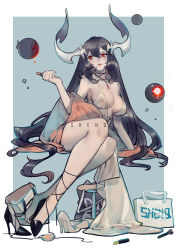 Rule 34 | 10s, 1girl, absurdres, abyssal ship, alternate costume, anchorage water oni, bag, bare shoulders, barefoot, black hair, blue background, breasts, colored skin, cosmetics, covered erect nipples, dress, earrings, enemy aircraft (kancolle), high heels, highres, horns, jewelry, kantai collection, large breasts, lipstick tube, long hair, makeup brush, necklace, nipples, open mouth, pale skin, red eyes, see-through, shenq, shoes, shopping bag, single shoe, sitting, solo, very long hair, white skin