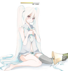 Rule 34 | albino, barefoot, bow, bow panties, green panties, hatsune miku, highres, loading screen, long hair, megaphone, necktie, panties, red eyes, solo, striped clothes, striped panties, tansuke, thighhighs, twintails, underwear, undressing, vocaloid, white hair