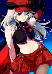 Rule 34 | 10s, 1girl, alisa ilinichina amiella, blue eyes, breasts, female focus, god eater, gradient background, hat, himasen, large breasts, long hair, looking at viewer, midriff, navel, pantyhose, plaid, plaid skirt, silver hair, skirt, solo, suspender skirt, suspenders, underboob, weapon