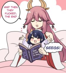 Rule 34 | 2girls, aged down, blanket, blush stickers, book, chibi, commentary, english commentary, english text, genshin impact, happy, highres, hinghoi, holding, holding book, japanese clothes, kimono, meme, multiple girls, on bed, pillow, profanity, raiden shogun, speech bubble, they had lots of sex afterwards (meme), time paradox, yae miko