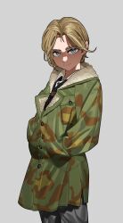 Rule 34 | 1girl, black necktie, blonde hair, blue eyes, borrowed character, breast pocket, buttons, camouflage, camouflage jacket, closed mouth, collared shirt, commentary, erika (sebastian z), fur-trimmed jacket, fur trim, grey pants, hands in pockets, highres, jacket, long hair, long sleeves, looking at viewer, military, military uniform, necktie, original, pants, pocket, pzkpfwi, shadow, shirt, simple background, solo, standing, uniform, white shirt, world war ii