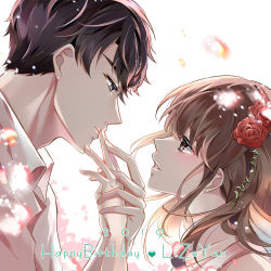 Rule 34 | 1boy, 1girl, birthday, black eyes, black hair, brown eyes, brown hair, character name, dated, eye contact, fingers to mouth, flower, hair flower, hair ornament, holding hands, hand up, happy birthday, heart, hetero, looking at another, love and producer, profile, r.ling0821, simple background, zen (love and producer)