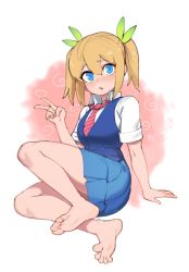 Rule 34 | 1girl, barefoot, blonde hair, blue eyes, blue skirt, blue vest, collared shirt, commission, diagonal-striped clothes, diagonal-striped necktie, difman, full body, green ribbon, hair between eyes, hair ribbon, hand up, highres, looking at viewer, necktie, original, parted lips, pink necktie, pleated skirt, ribbon, school uniform, shirt, short sleeves, short twintails, skirt, soles, solo, striped clothes, twintails, v, vest, white shirt