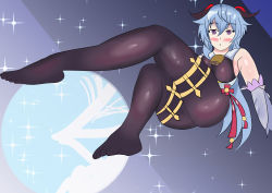Rule 34 | 1girl, absurdres, ahoge, amasan, ass, bare shoulders, blue hair, blush, bodysuit, breasts, cowbell, detached sleeves, ganyu (genshin impact), genshin impact, highres, horns, large breasts, long hair, looking at viewer, pantyhose, purple eyes, shiny clothes, shiny skin, solo, very long hair