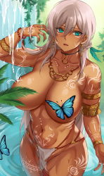 Rule 34 | 1girl, animal, arm tattoo, arm up, black choker, blue eyes, blue nails, breasts, bug, butterfly, censored nipples, choker, commentary request, convenient censoring, day, earrings, fundoshi, grey hair, hair between eyes, hair ornament, highres, hikari (komitiookami), insect, japanese clothes, jewelry, large breasts, leg tattoo, long hair, looking at viewer, nail polish, navel, necklace, open mouth, original, outdoors, shoulder tattoo, solo, standing, stomach, stomach tattoo, tattoo, toned, topless, water