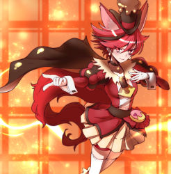 Rule 34 | 10s, 1girl, animal ears, brown cape, cape, choker, cure chocolat, dog ears, dog tail, earrings, gloves, hat, highres, jewelry, kenjou akira, kirakira precure a la mode, looking at viewer, magical girl, precure, red eyes, red hair, short hair, skirt, smile, solo, sumiosmith, tail, thighhighs, white gloves, white thighhighs