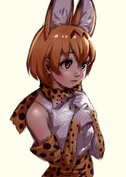 Rule 34 | 10s, 1girl, absurdres, animal ear fluff, animal ears, blonde hair, blush, bow, bowtie, elbow gloves, extra ears, gloves, hair between eyes, hands on own chest, highres, kemono friends, multicolored clothes, multicolored gloves, multicolored neckwear, print bow, print bowtie, print gloves, print neckwear, realistic, serval (kemono friends), serval print, short hair, simple background, sketch, sleeveless, solo, takami masahiro, white bow, white bowtie, white gloves, yellow bow, yellow bowtie, yellow eyes, yellow gloves