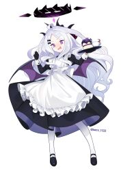 Rule 34 | 1girl, @ @, absurdly long hair, ahoge, apron, back bow, beko (beco 1122), black dress, black footwear, black gloves, blue archive, blush, bow, cake, commentary, cup, demon horns, demon wings, dress, food, frilled apron, frills, full body, gloves, hair ornament, hairclip, halo, hands up, highres, hina (blue archive), holding, holding tray, horns, juliet sleeves, long hair, long sleeves, looking at viewer, open mouth, pantyhose, puffy sleeves, purple eyes, sidelocks, standing, teacup, tray, twitter username, v-shaped eyebrows, very long hair, wavy hair, wavy mouth, white apron, white hair, white pantyhose, wings
