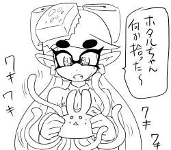 Rule 34 | + +, 1girl, bare shoulders, breasts, callie (splatoon), cleavage, detached collar, domino mask, earrings, female focus, flying sweatdrops, gloves, greyscale, hands up, holding, jewelry, long hair, looking down, mask, medium breasts, mole, mole under eye, monochrome, nintendo, object on head, open mouth, pointy ears, simple background, solo focus, speech bubble, splatoon (series), strapless, sweat, talking, tentacle hair, tentacles, text focus, translated, upper body, usa (dai9c carnival), white background