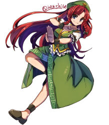 Rule 34 | 1girl, beret, black footwear, blue eyes, braid, closed mouth, commentary, full body, green hat, green skirt, green vest, hat, hat ornament, highres, hong meiling, long hair, looking at viewer, red hair, renshirenji, short sleeves, side braids, simple background, skirt, smile, solo, star (symbol), star hat ornament, touhou, twin braids, twitter username, vest, white background, wristband