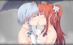 Rule 34 | (e (kakko ii), 2girls, alternate hairstyle, bare shoulders, bow, braid, breasts, cleavage, closed eyes, collarbone, couple, dress, elbow gloves, flower, framed, gloves, gradient background, hair bow, hair flower, hair ornament, holding, holding umbrella, hong meiling, izayoi sakuya, jewelry, kiss, letterboxed, long hair, multiple girls, necklace, ponytail, profile, rain, red hair, short hair, silver hair, small breasts, strapless, strapless dress, tiara, touhou, twin braids, umbrella, wedding dress, white dress, wife and wife, yuri