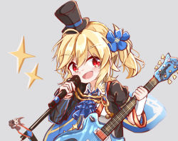 Rule 34 | 1girl, aiguillette, alternate hairstyle, blonde hair, blue cape, blue flower, cape, commentary request, flower, girls&#039; frontline, guitar, hair between eyes, hair flower, hair ornament, hat, highres, holding, holding instrument, instrument, matsuo (matuonoie), nagant revolver (astral bond) (girls&#039; frontline), nagant revolver (girls&#039; frontline), official alternate costume, open mouth, portrait, red eyes, simple background, solo, top hat