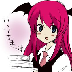Rule 34 | 1girl, alice11304, alternate eye color, bat wings, blue eyes, blush, book, book stack, collared shirt, commentary request, head wings, holding, holding book, koakuma, looking at viewer, necktie, red hair, red necktie, shirt, simple background, sketch, solo, touhou, translated, vest, white background, white shirt, wings