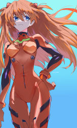 Rule 34 | 1girl, absurdres, artist request, blue background, blue eyes, bodysuit, breasts, brown hair, cowboy shot, curvy, floating hair, hair between eyes, hair ornament, hand on own hip, highres, interface headset, lips, long hair, looking at viewer, medium breasts, neon genesis evangelion, plugsuit, red bodysuit, shiny clothes, simple background, solo, souryuu asuka langley, two side up, very long hair, wide hips