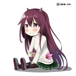 Rule 34 | 1girl, ahenn, brown eyes, brown hair, chibi, commentary request, holding, horns, kantai collection, kisaragi (kancolle), long hair, lowres, oni horns, pleated skirt, setsubun, simple background, sitting, skirt, smile, solo, sweater, twitter username, white background