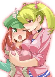 Rule 34 | 2girls, bad id, bad pixiv id, blonde hair, blush, breasts, brown eyes, brown hair, chicago-x, choker, digimon, digimon xros wars, digimon xros wars: toki wo kakeru shounen hunter-tachi, embarrassed, grabbing, grabbing another&#039;s breast, green eyes, hair bobbles, hair ornament, hat, kaoru (digimon), multiple girls, one eye closed, red hair, revision, shirt, sleeves pushed up, striped clothes, striped shirt, suzaki airu, twintails, yuri