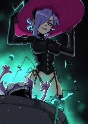Rule 34 | 1girl, absurdres, cooking pot, demon, demon horns, demon tail, dominatrix, gingrjoke, hair over one eye, hat, highres, horns, lipstick, looking down, makeup, purple hair, screaming, tail, witch, witch hat