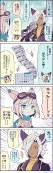 Rule 34 | 10s, 1boy, 1girl, 4koma, animal ears, animal hat, aytsmith, blonde hair, blush stickers, colorized, comic, djeeta (granblue fantasy), eustace (granblue fantasy), expressionless, goggles, goggles on head, goggles on headwear, granblue fantasy, gun, hat, highres, jacket, open clothes, open jacket, racing suit, scarf, short hair, surprised, translation request, turtleneck, weapon
