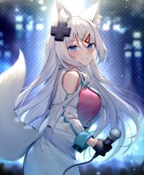 Rule 34 | 1girl, animal ear fluff, animal ears, black gloves, blue eyes, blue necktie, blush, clothing cutout, d-pad, d-pad hair ornament, fox ears, fox girl, fox tail, gloves, grin, hair ornament, hairclip, highres, holding, holding microphone, illian-san, long hair, long sleeves, looking at viewer, looking to the side, meridian project, microphone, mizuki channel, necktie, shoulder cutout, skirt, smile, solo, tail, teeth, upper body, virtual youtuber, white hair, white skirt