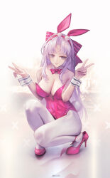 1girl alternate_costume animal_ear_hairband animal_ears bare_shoulders bow breasts carlotta_(wuthering_waves) commentary_request double_v fake_animal_ears full_body hair_bow hairband high_heels highres large_breasts leotard long_hair pantyhose parted_bangs pink_bow pink_footwear pink_leotard playboy_bunny rabbit_ear_hairband rabbit_ears shou_xian_wu solo squatting strapless strapless_leotard striped_bow v very_long_hair white_hair white_pantyhose white_wrist_cuffs wrist_cuffs wuthering_waves