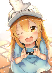 Rule 34 | 10s, 1girl, ;d, artist name, blue shirt, blush, brown eyes, character name, clothes writing, collarbone, flat cap, gloves, hair between eyes, hand on another&#039;s head, hands up, hat, hataraku saibou, headpat, headwear writing, light brown hair, long hair, looking at viewer, one eye closed, open mouth, platelet (hataraku saibou), shirt, short sleeves, signature, smile, solo focus, sylphine, very long hair, white gloves, white hat