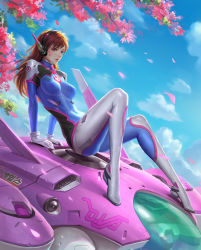 Rule 34 | 1girl, animal print, arm support, armor, ass, blue sky, bodysuit, boots, breasts, brown eyes, brown hair, character name, cherry blossoms, cloud, cloudy sky, d.va (overwatch), day, facepaint, facial mark, full body, gloves, headphones, highres, image sample, large breasts, light smile, lipgloss, lips, lipstick, long hair, looking at viewer, makeup, mecha, medium breasts, meka (overwatch), outdoors, overwatch, overwatch 1, petals, pilot suit, rabbit, rabbit print, robot, sitting, skin tight, sky, solo, swept bangs, thigh boots, thighhighs, wenfei ye, whisker markings, white footwear, white gloves, white thighhighs