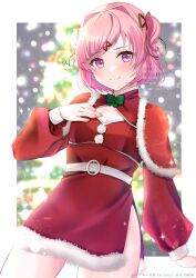 Rule 34 | 1girl, absurdres, alternate costume, artist name, belt, blurry, blurry background, blush, border, bow, bowtie, breasts, capelet, christmas, christmas tree, closed mouth, collarbone, doki doki literature club, dress, drill hair, fingernails, fur trim, green bow, green bowtie, grey belt, grey sky, hair bow, hair ornament, hairpin, hand on own chest, hand up, highres, large breasts, lights, long fingernails, long sleeves, looking at viewer, mandarin collar, medium breasts, mi tarou0412, nail polish, natsuki (doki doki literature club), night, night sky, outdoors, outside border, pink eyes, pink hair, pink nails, pom pom (clothes), puffy long sleeves, puffy sleeves, red bow, red capelet, red dress, short hair, sky, smile, solo, sparkle, standing, two side up, watermark, white border