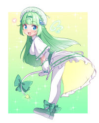 Rule 34 | 1girl, :d, blue eyes, blunt bangs, bow, breasts, capelet, commentary, fang, from side, full body, gloves, gradient background, green background, green bow, green footwear, green hair, hair ornament, hat, heart, highres, leaning forward, long hair, looking at viewer, medium breasts, mob cap, open mouth, original, pantyhose, saiste, shoes, simple background, smile, solo, sparkle, symbol-only commentary, tail, tail bow, tail ornament, white capelet, white gloves, white pantyhose, yellow background