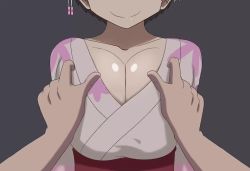 Rule 34 | 1boy, 1girl, animated, assisted exposure, bouncing breasts, breasts, collarbone, grey background, grey hair, head out of frame, japanese clothes, kimono, large areolae, large breasts, nipples, no bra, pov, scrabble007, short hair, smile, unfinished, uzaki-chan wa asobitai!, uzaki hana, video