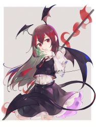 Rule 34 | 1girl, :o, bat wings, black skirt, black vest, blue background, border, character name, demon tail, dress shirt, frilled skirt, frills, hair between eyes, head wings, highres, juliet sleeves, koakuma, long hair, long sleeves, looking at viewer, necktie, o (crazyoton46), pole, puffy sleeves, red eyes, red hair, red neckwear, shirt, simple background, skirt, skirt set, slit pupils, tail, touhou, vest, white border, white shirt, wings